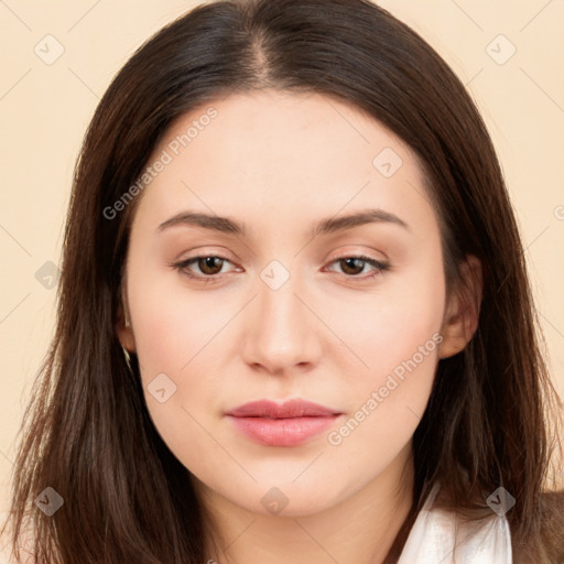 Neutral white young-adult female with long  brown hair and brown eyes