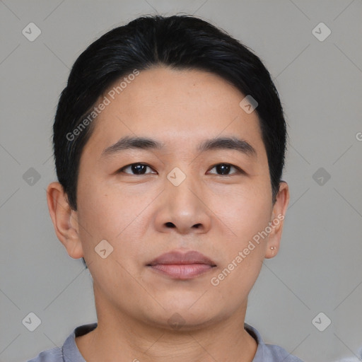 Neutral asian young-adult male with short  black hair and brown eyes