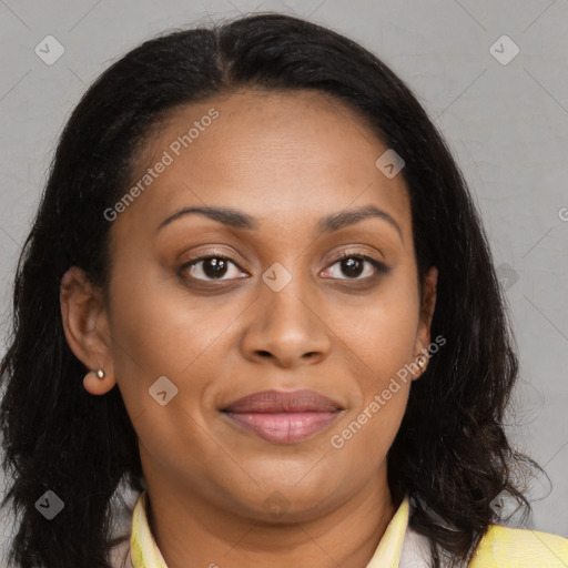 Joyful latino young-adult female with long  brown hair and brown eyes