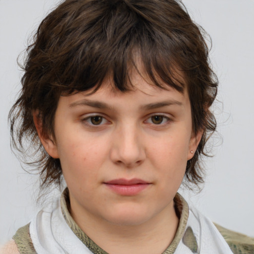 Neutral white young-adult female with medium  brown hair and brown eyes