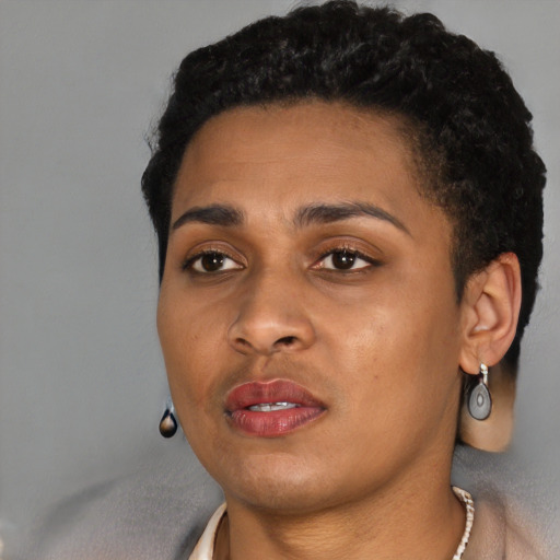 Joyful black young-adult female with short  black hair and brown eyes