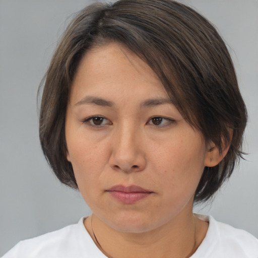 Neutral white adult female with medium  brown hair and brown eyes