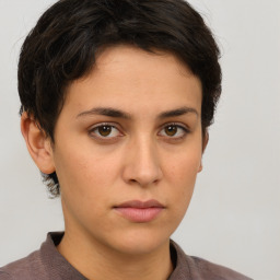 Neutral white young-adult female with short  brown hair and brown eyes