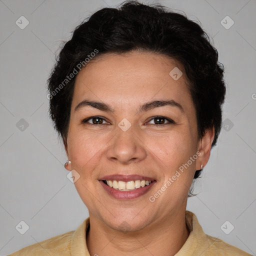 Joyful white adult female with short  brown hair and brown eyes