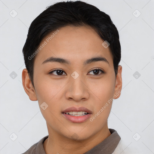 Neutral asian young-adult female with short  black hair and brown eyes