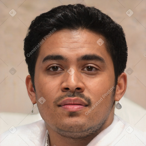 Neutral latino young-adult male with short  black hair and brown eyes