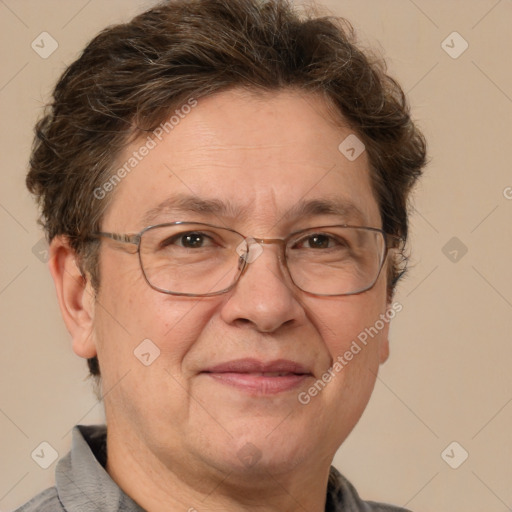 Joyful white middle-aged male with short  brown hair and brown eyes