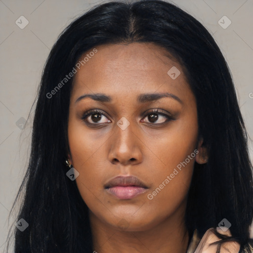 Neutral asian young-adult female with long  black hair and brown eyes