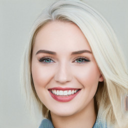 Joyful white young-adult female with long  brown hair and blue eyes