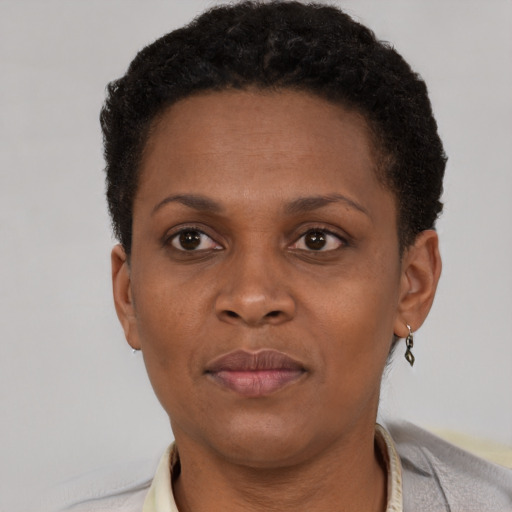 Neutral black adult female with short  brown hair and brown eyes