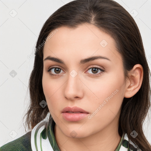 Neutral white young-adult female with medium  brown hair and brown eyes