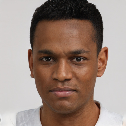 Neutral black young-adult male with short  black hair and brown eyes