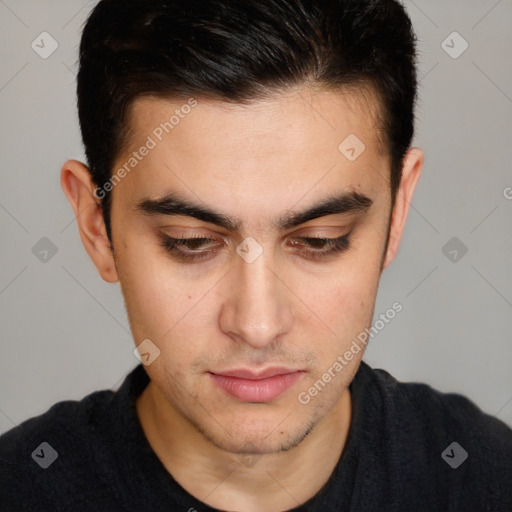 Neutral white young-adult male with short  brown hair and brown eyes