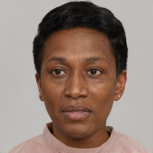 Neutral black adult female with short  black hair and brown eyes