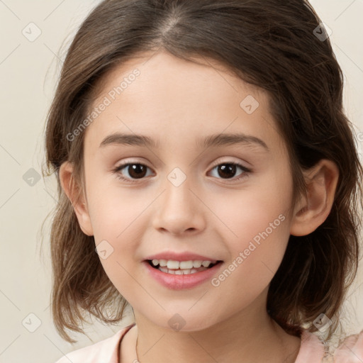 Joyful white child female with medium  brown hair and brown eyes