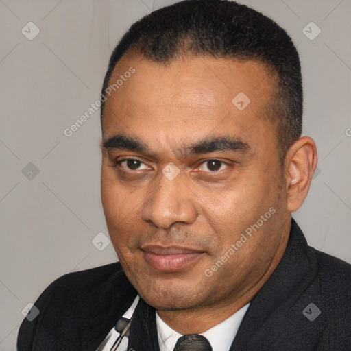 Neutral white adult male with short  black hair and brown eyes