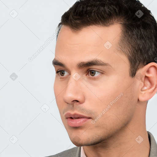 Neutral white young-adult male with short  brown hair and brown eyes