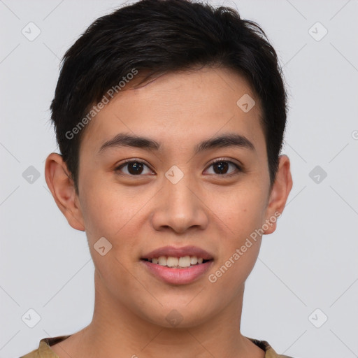 Joyful asian young-adult male with short  brown hair and brown eyes