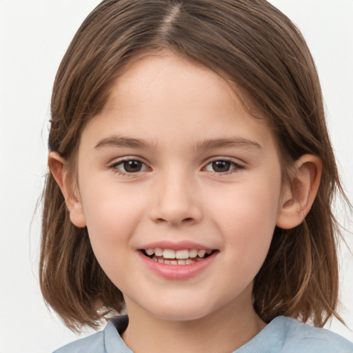 Joyful white child female with medium  brown hair and brown eyes