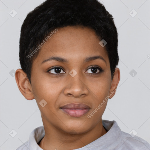 Joyful black young-adult female with short  brown hair and brown eyes