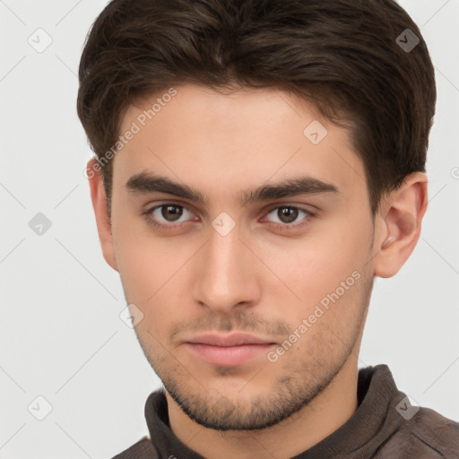 Neutral white young-adult male with short  brown hair and brown eyes