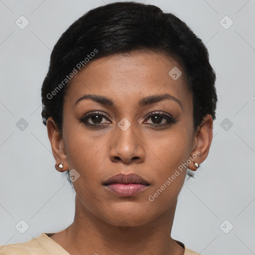 Neutral black young-adult female with short  black hair and brown eyes