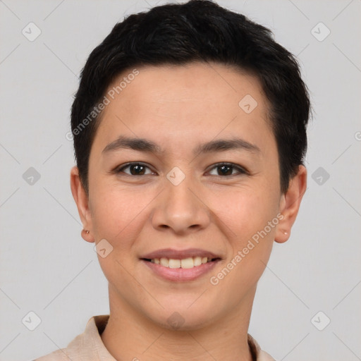 Joyful white young-adult female with short  brown hair and brown eyes