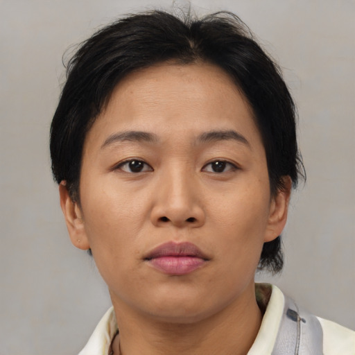 Neutral asian young-adult female with medium  brown hair and brown eyes