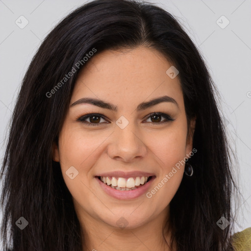 Joyful asian young-adult female with long  brown hair and brown eyes