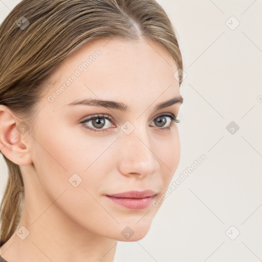 Neutral white young-adult female with long  brown hair and grey eyes