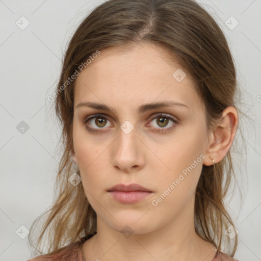 Neutral white young-adult female with medium  brown hair and brown eyes