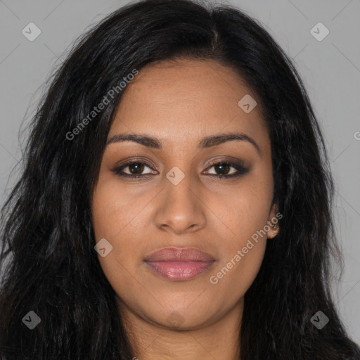 Joyful latino young-adult female with long  brown hair and brown eyes