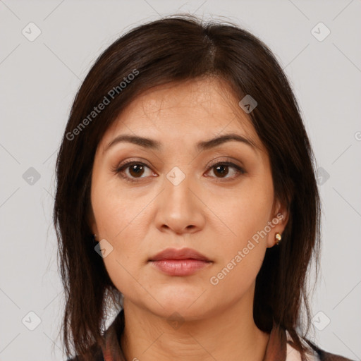 Neutral white young-adult female with medium  brown hair and brown eyes