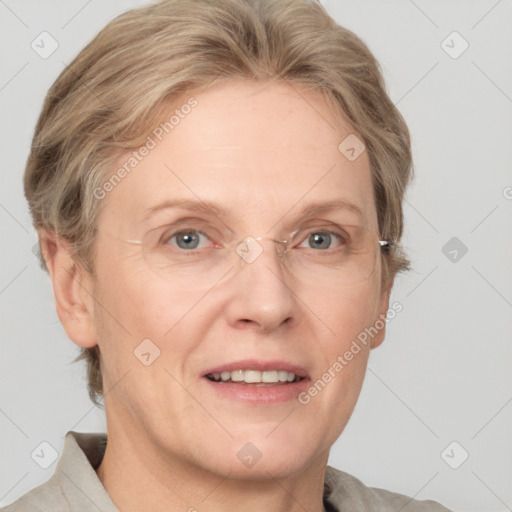 Joyful white adult female with short  brown hair and grey eyes