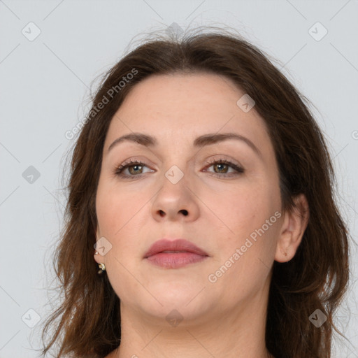 Neutral white young-adult female with medium  brown hair and brown eyes