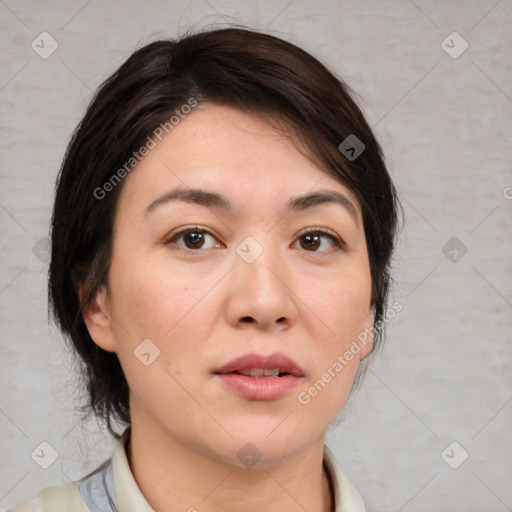 Neutral white young-adult female with medium  brown hair and brown eyes