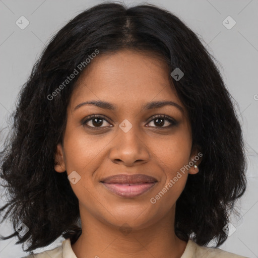 Joyful black young-adult female with medium  brown hair and brown eyes