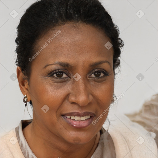 Joyful black adult female with short  brown hair and brown eyes