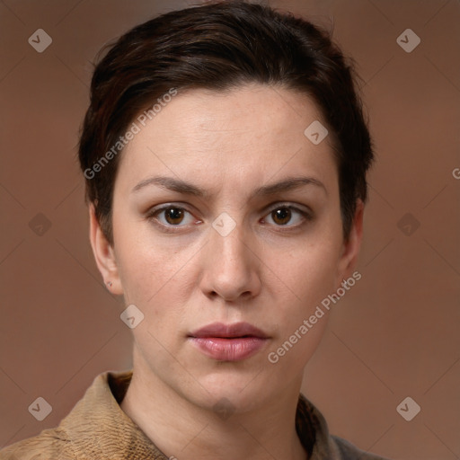 Neutral white young-adult female with short  brown hair and brown eyes