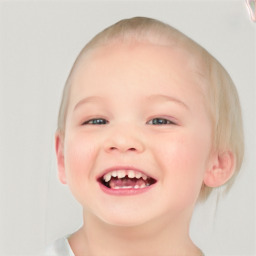 Joyful white child female with short  brown hair and blue eyes