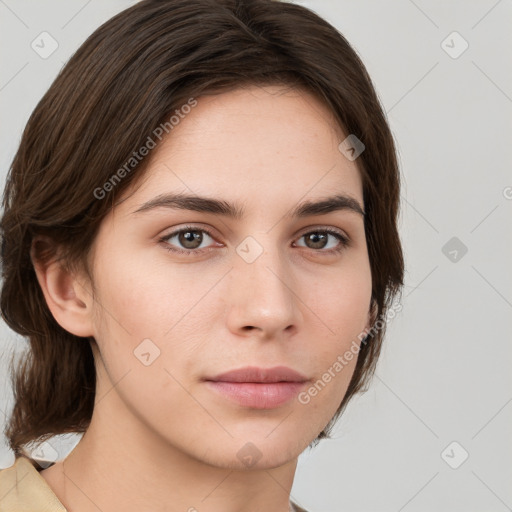 Neutral white young-adult female with medium  brown hair and brown eyes