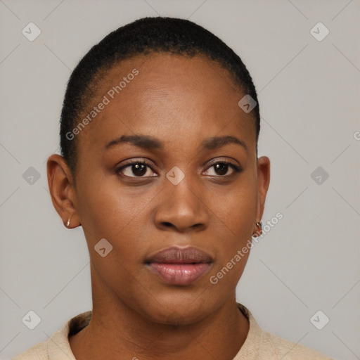 Neutral black young-adult female with short  black hair and brown eyes