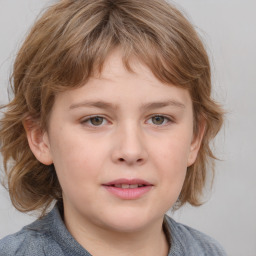 Joyful white child female with medium  brown hair and blue eyes