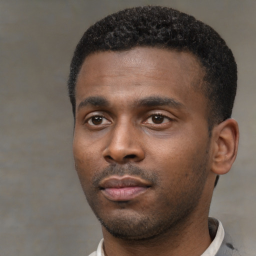 Neutral black young-adult male with short  black hair and brown eyes