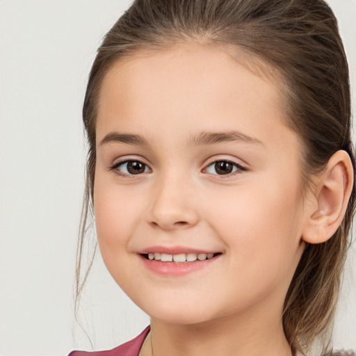 Joyful white child female with medium  brown hair and brown eyes