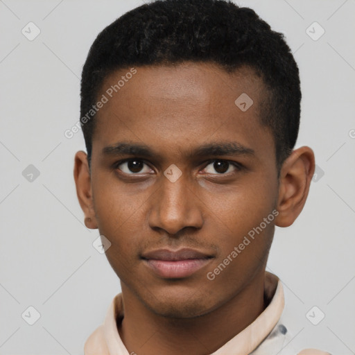 Neutral latino young-adult male with short  brown hair and brown eyes