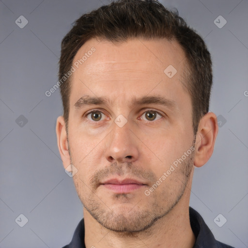 Neutral white adult male with short  brown hair and brown eyes