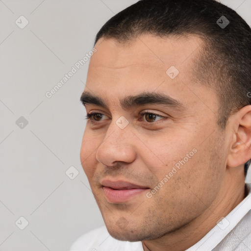 Joyful white young-adult male with short  brown hair and brown eyes