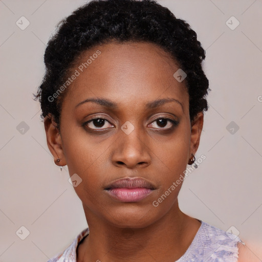 Neutral black young-adult female with short  black hair and brown eyes