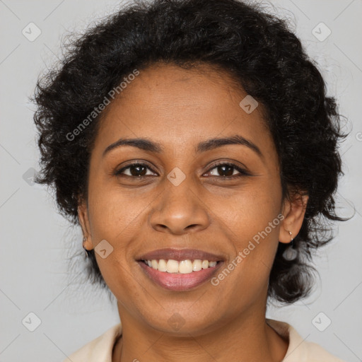 Joyful black young-adult female with medium  brown hair and brown eyes